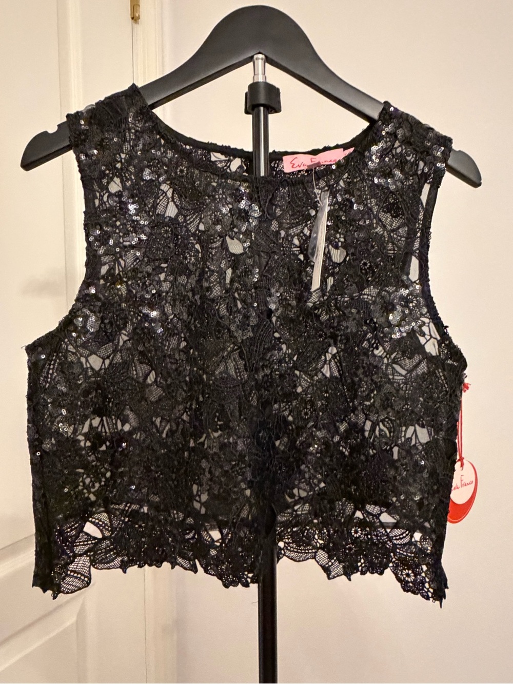 Eva Franco Black Floral Lace Sequin Crop Top